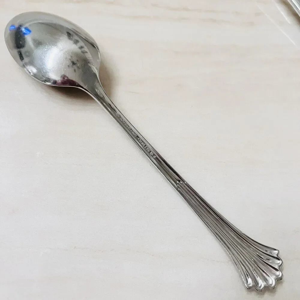 7pc INTERNATIONAL Tiara Soup Spoon Stainless 18/8Fan Ribbed/Ridges Glossy Korea